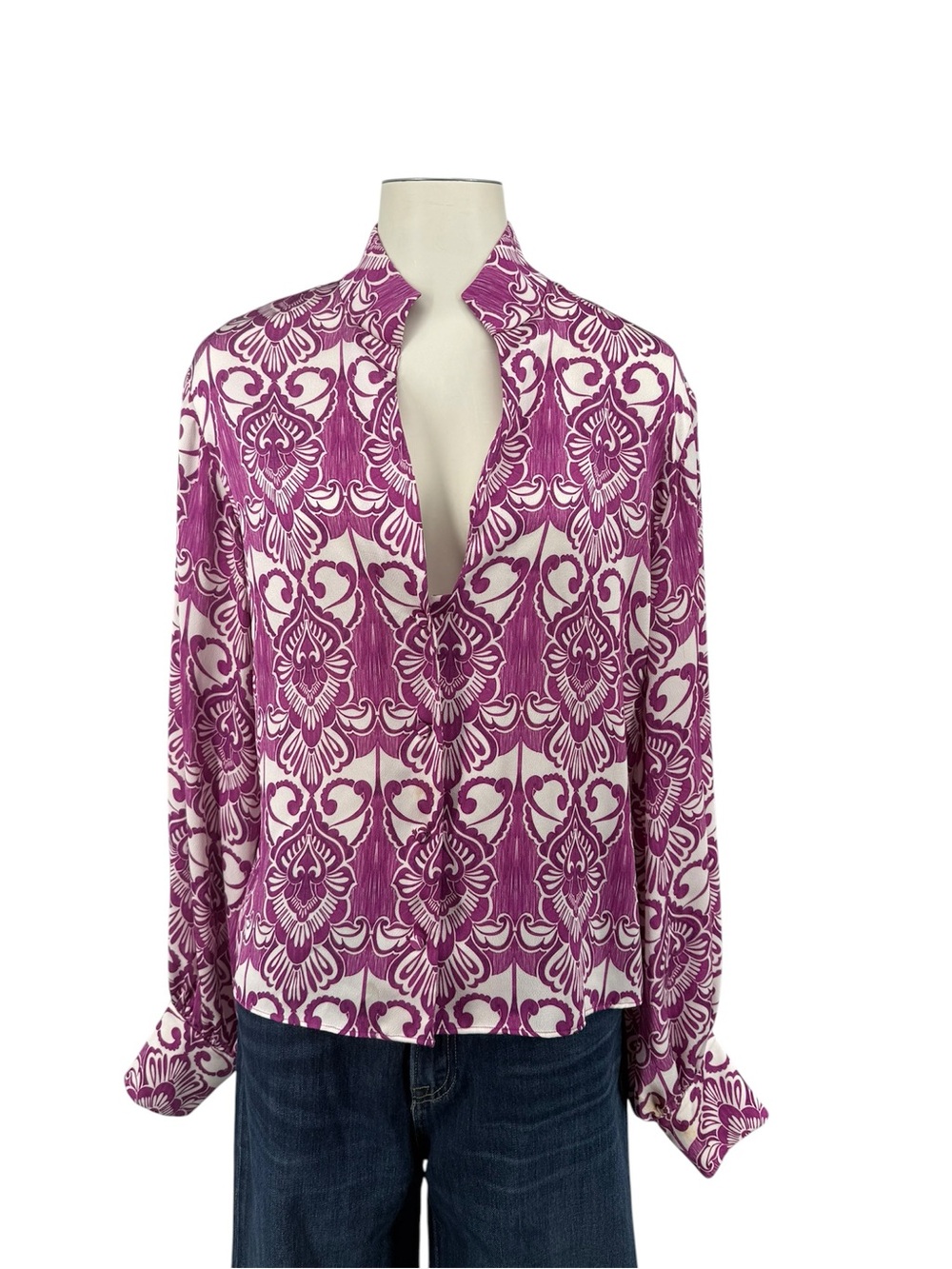 Alexis Bardot Palm Pattern Women’s V-Neck  Blouse in Purple and White